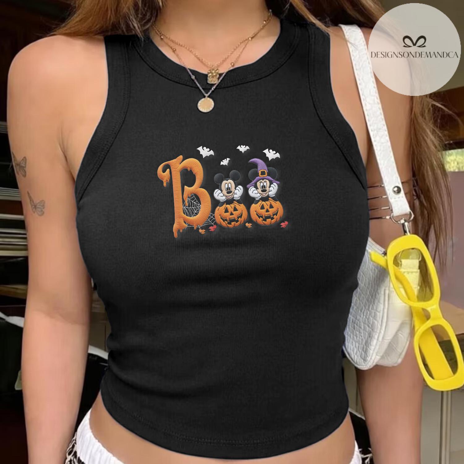 Embroidered Mickey Minnie Pumpkin Boo Disney Halloween Shirt With Lace Trim Tank Top Baby Tee for WDW Disneyland Trip - photo 5