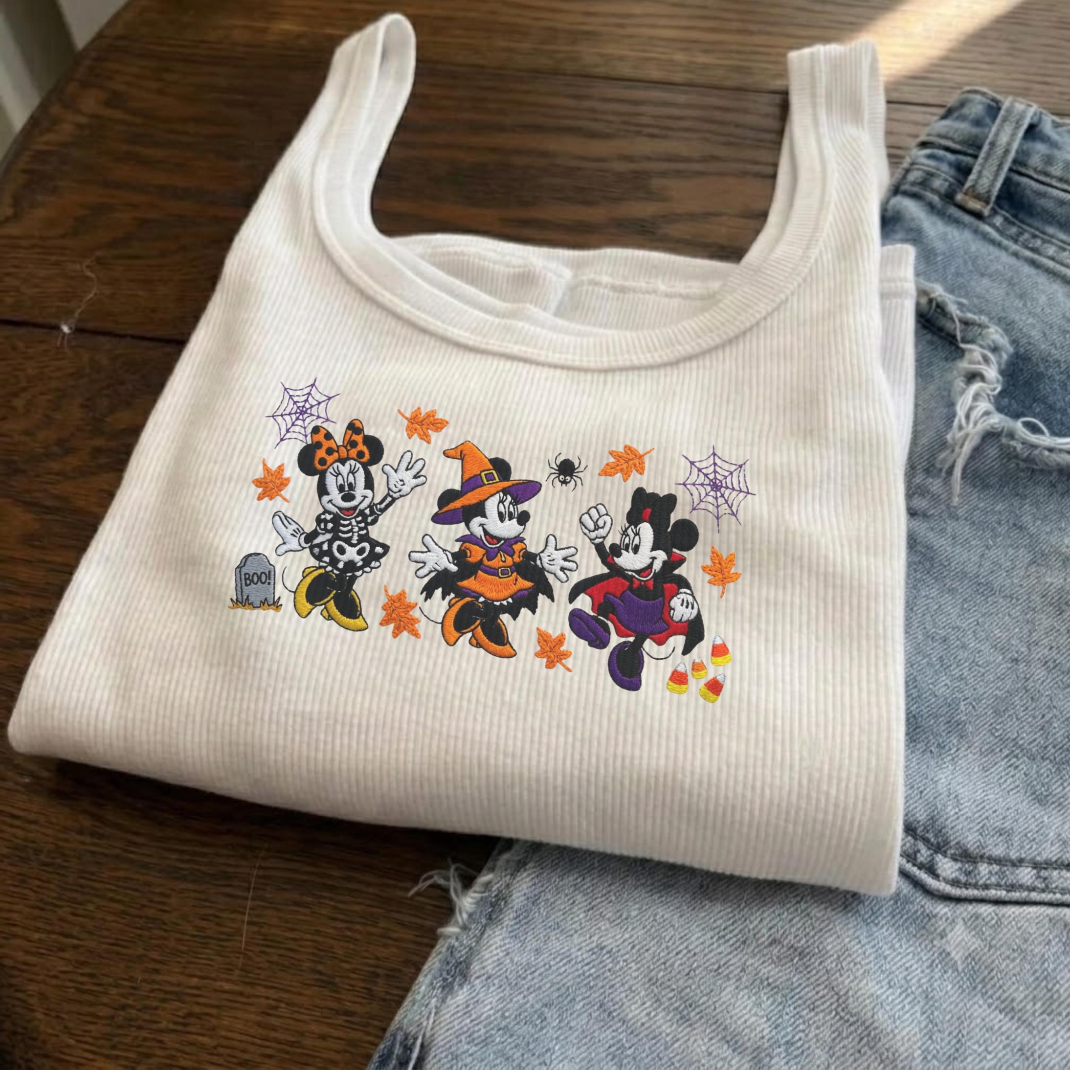 Embroidered Minnie Mouse Halloween Tank Top – Disney Spooky Season Baby Tee and Cute Friends Crop Tee Halloween Outfit