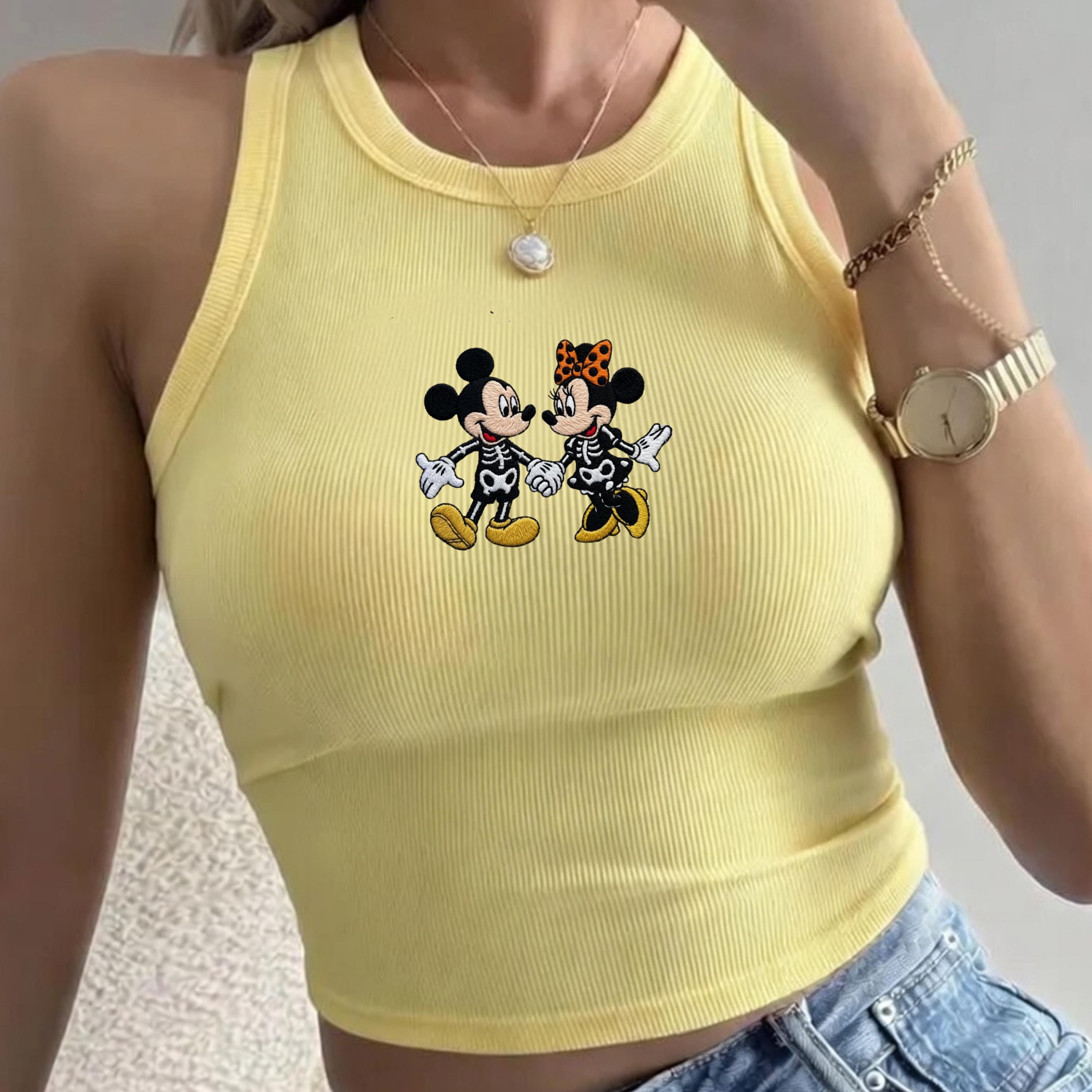 Embroidered Mickey Minnie Halloween Tank Top – Disney Skeleton Couple Baby Tee and Cute Spooky Crop Tee Disneyland Vacation Outfit