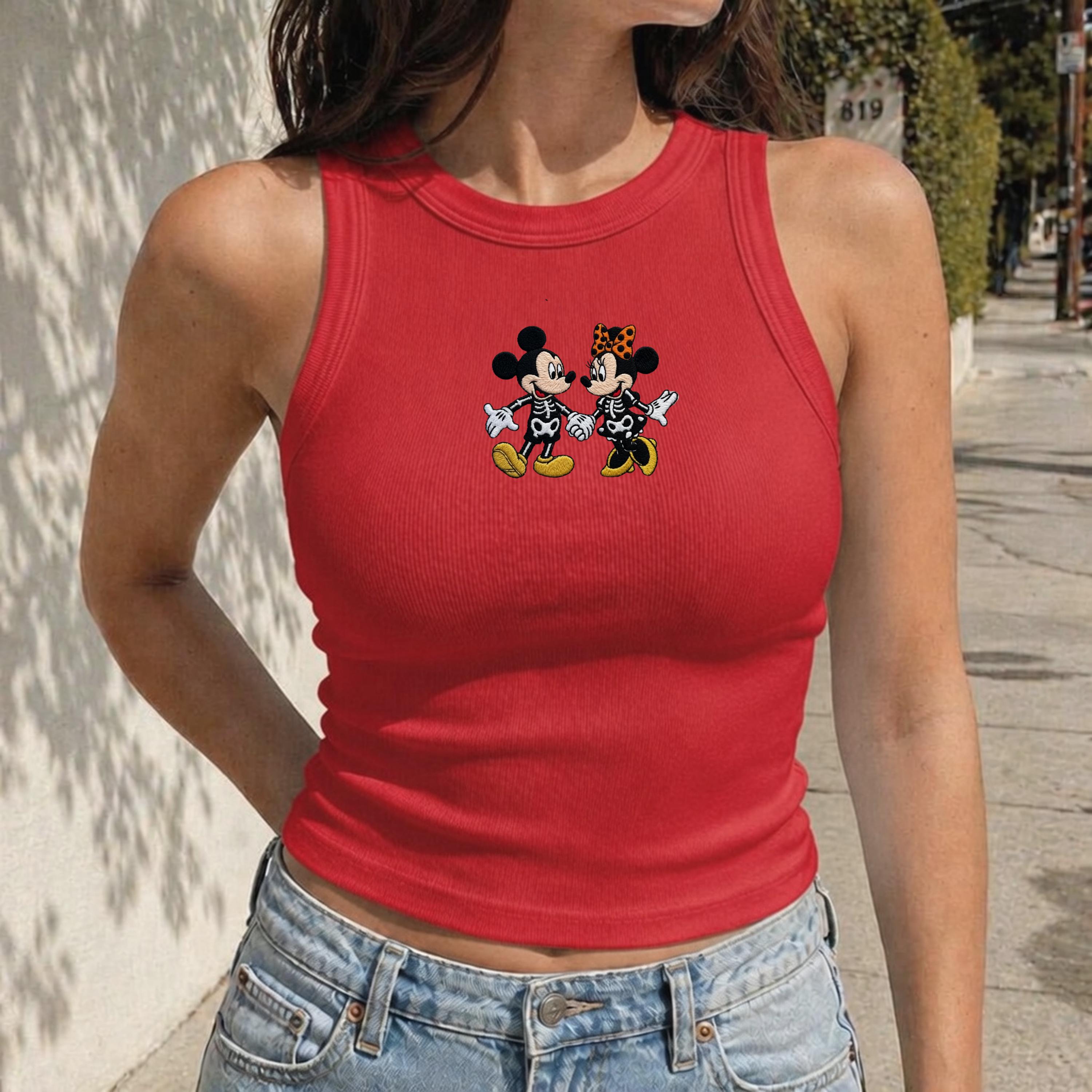 Embroidered Mickey Minnie Halloween Tank Top – Disney Skeleton Couple Baby Tee and Cute Spooky Crop Tee Disneyland Vacation Outfit - photo 4