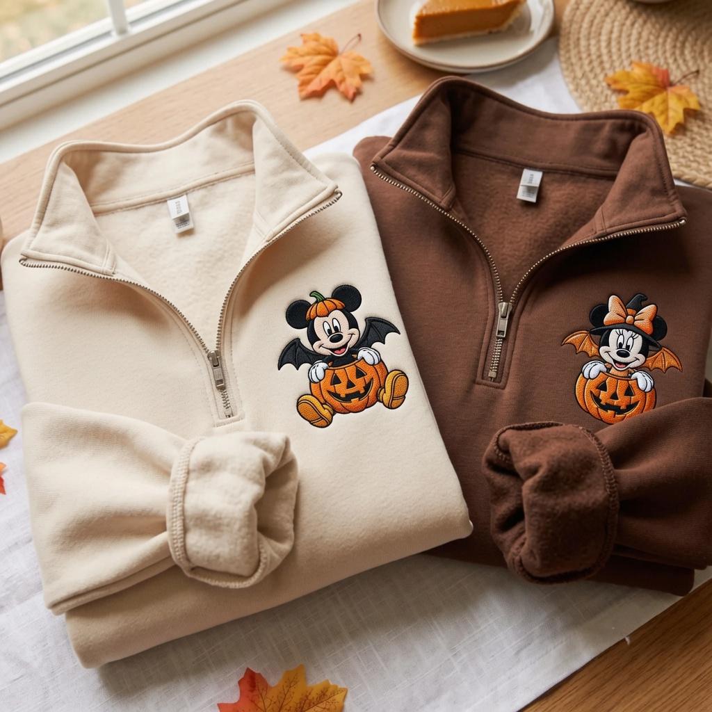 Embroidered Mickey and Minnie Halloween Quarter Zip Sweatshirt, Disney Pumpkin Pullover for Matching Couple Fall Sweater