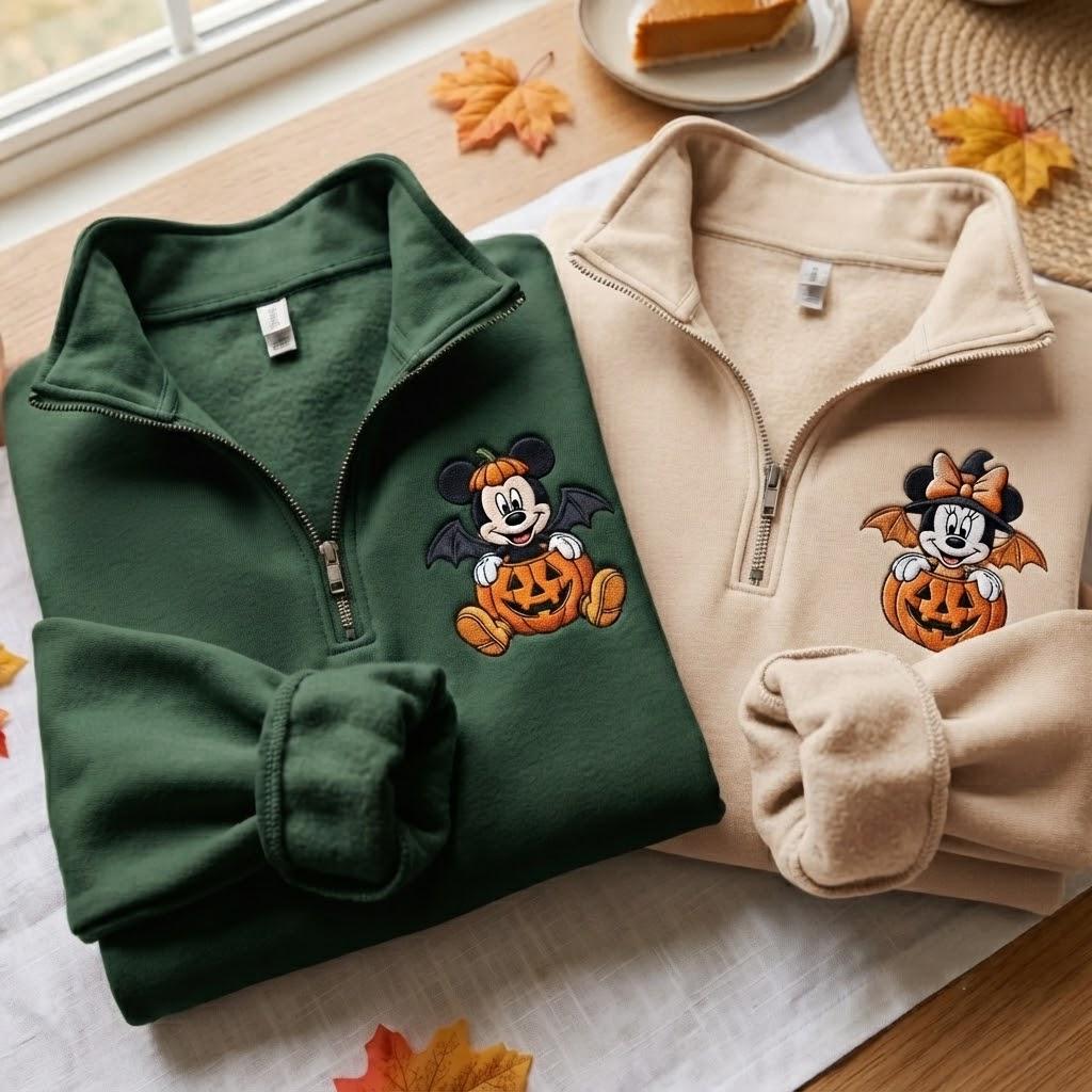 Embroidered Mickey and Minnie Halloween Quarter Zip Sweatshirt, Disney Pumpkin Pullover for Matching Couple Fall Sweater - photo 2