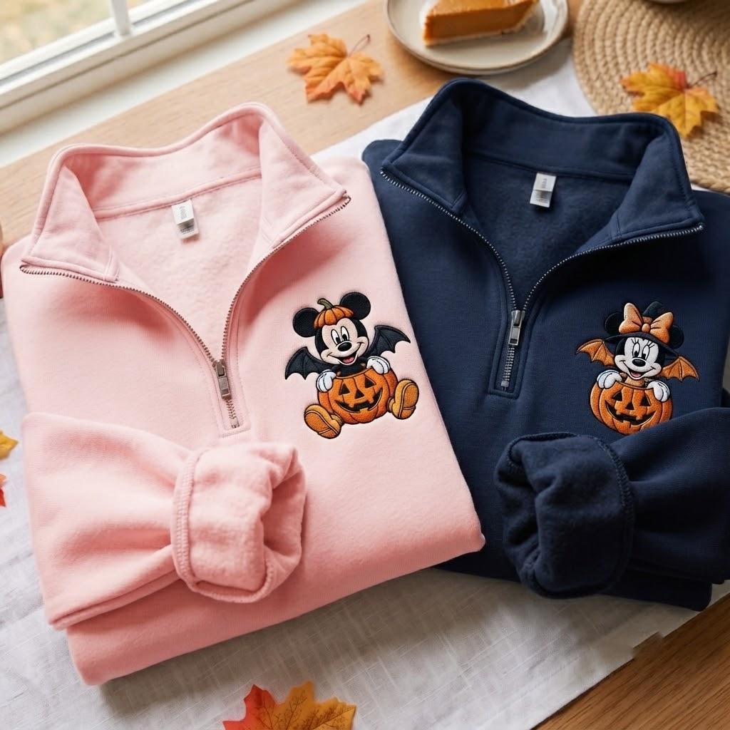 Embroidered Mickey and Minnie Halloween Quarter Zip Sweatshirt, Disney Pumpkin Pullover for Matching Couple Fall Sweater - photo 3