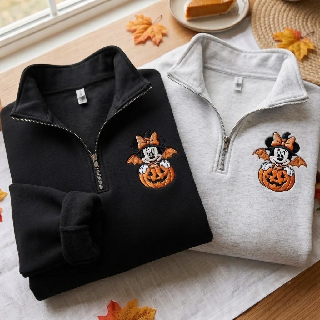 Embroidered Mickey and Minnie Halloween Quarter Zip Sweatshirt, Disney Pumpkin Pullover for Matching Couple Fall Sweater - photo 4
