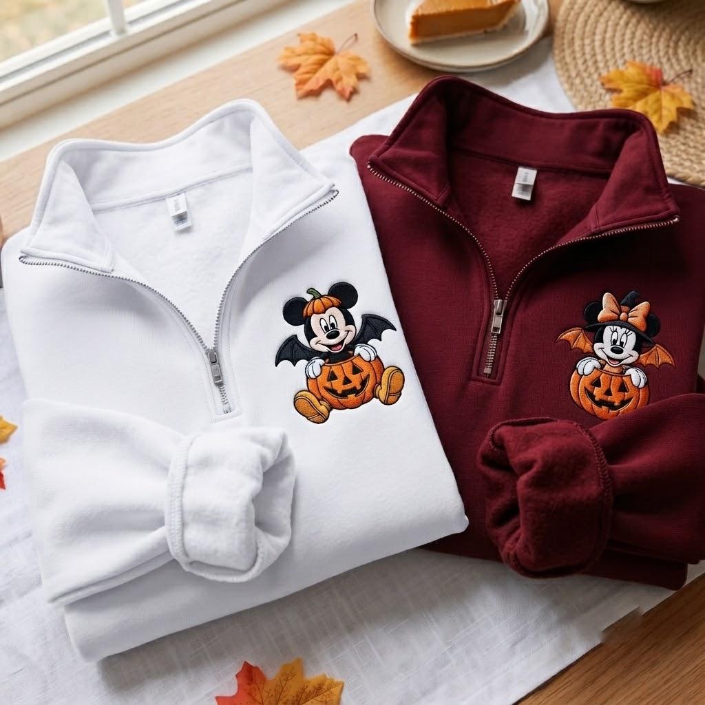 Embroidered Mickey and Minnie Halloween Quarter Zip Sweatshirt, Disney Pumpkin Pullover for Matching Couple Fall Sweater - photo 5