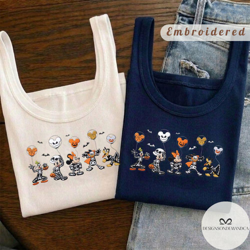 Embroidered Mickey and Friends Skeleton Disney Halloween Shirt With Lace Trim Tank Top Baby Tee for WDW Disneyland Trip