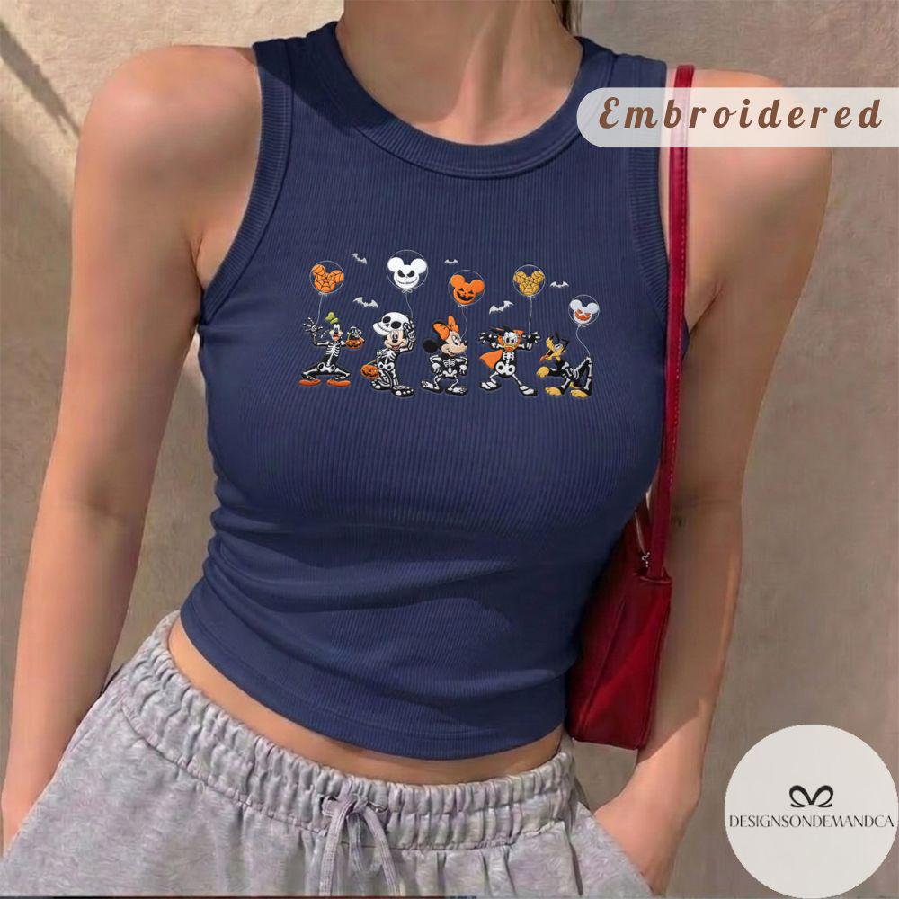 Embroidered Mickey and Friends Skeleton Disney Halloween Shirt With Lace Trim Tank Top Baby Tee for WDW Disneyland Trip - photo 3