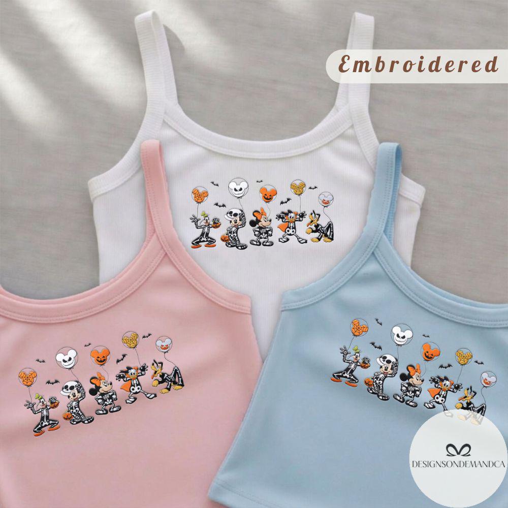 Embroidered Mickey and Friends Skeleton Disney Halloween Shirt With Lace Trim Tank Top Baby Tee for WDW Disneyland Trip - photo 4