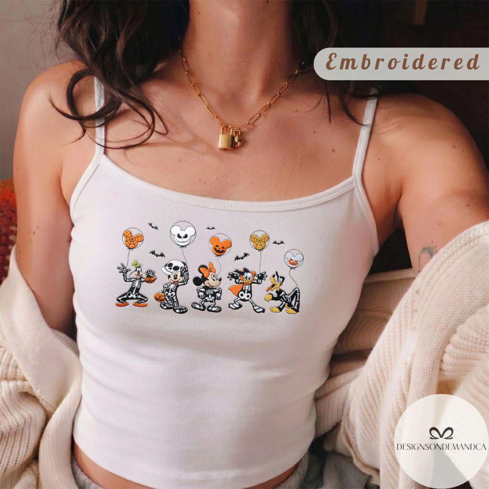 Embroidered Mickey and Friends Skeleton Disney Halloween Shirt With Lace Trim Tank Top Baby Tee for WDW Disneyland Trip - photo 5