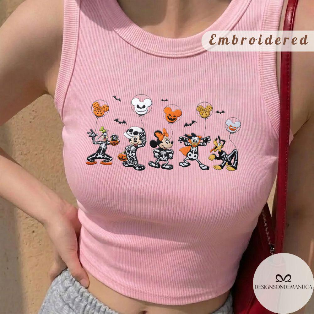 Embroidered Mickey and Friends Skeleton Disney Halloween Shirt With Lace Trim Tank Top Baby Tee for WDW Disneyland Trip - photo 6