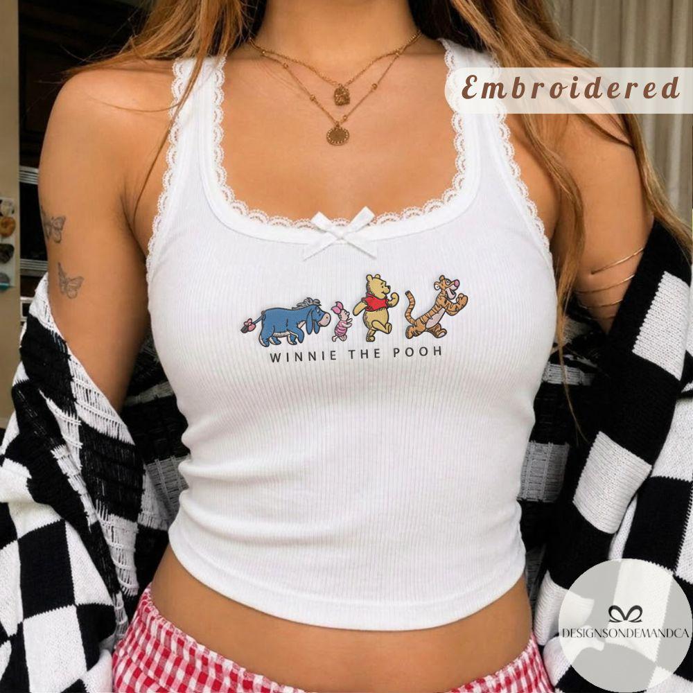 Embroidered Winnie the Pooh Shirt With Piglet Eeyore and Tigger Lace Trim Tank Top Baby Tee for WDW Disneyland Trip
