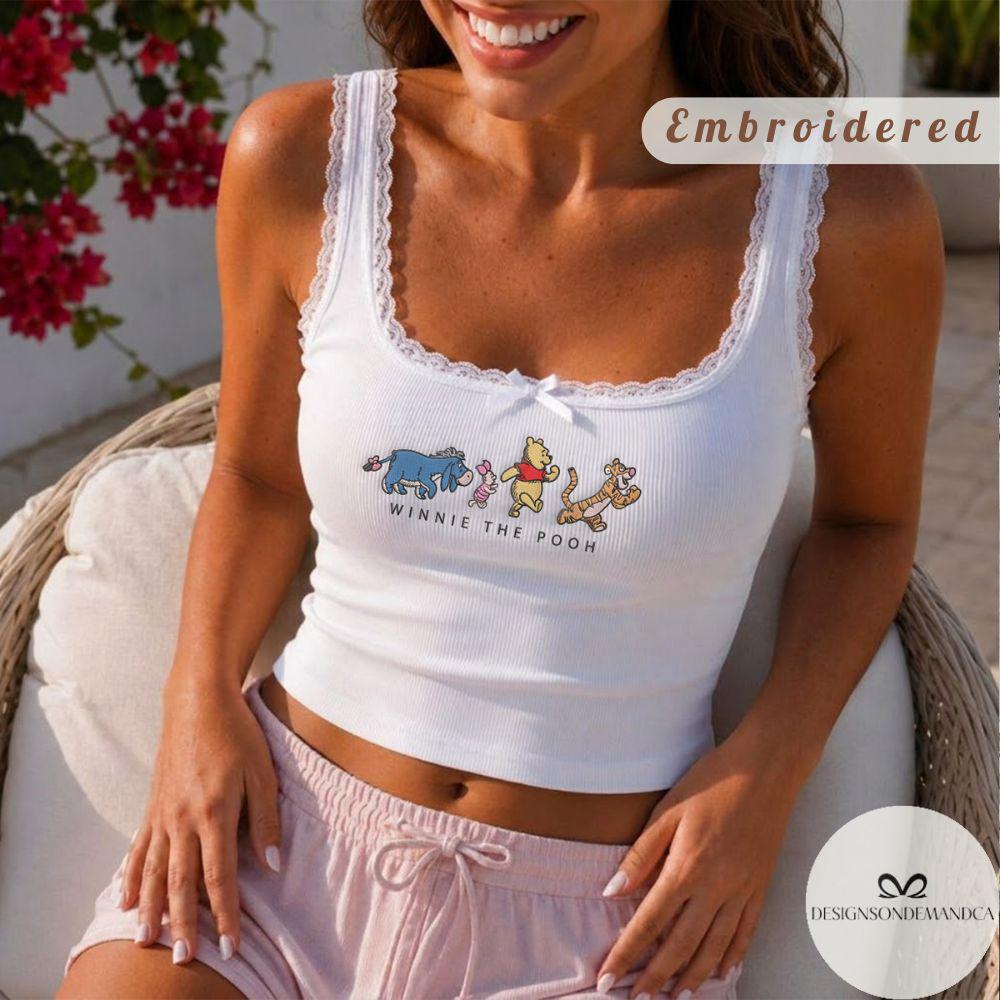 Embroidered Winnie the Pooh Shirt With Piglet Eeyore and Tigger Lace Trim Tank Top Baby Tee for WDW Disneyland Trip - photo 5