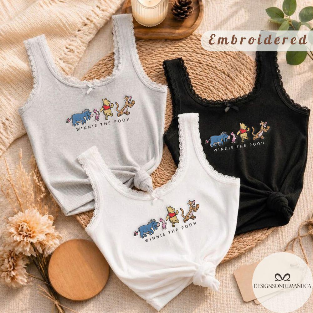 Embroidered Winnie the Pooh Shirt With Piglet Eeyore and Tigger Lace Trim Tank Top Baby Tee for WDW Disneyland Trip - photo 6