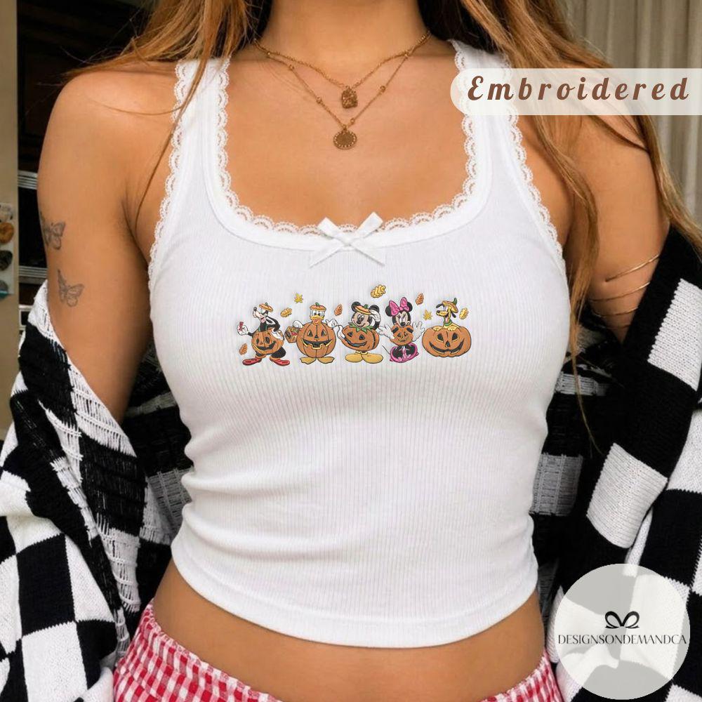 Embroidered Mickey and Friends Pumpkin Disney Halloween Shirt With Fall Vibes Lace Trim Tank Top Baby Tee for WDW Disneyland Trip