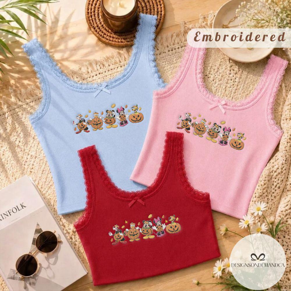 Embroidered Mickey and Friends Pumpkin Disney Halloween Shirt With Fall Vibes Lace Trim Tank Top Baby Tee for WDW Disneyland Trip - photo 2