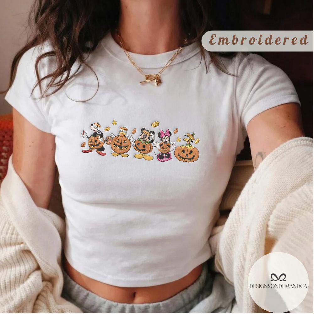 Embroidered Mickey and Friends Pumpkin Disney Halloween Shirt With Fall Vibes Lace Trim Tank Top Baby Tee for WDW Disneyland Trip - photo 4