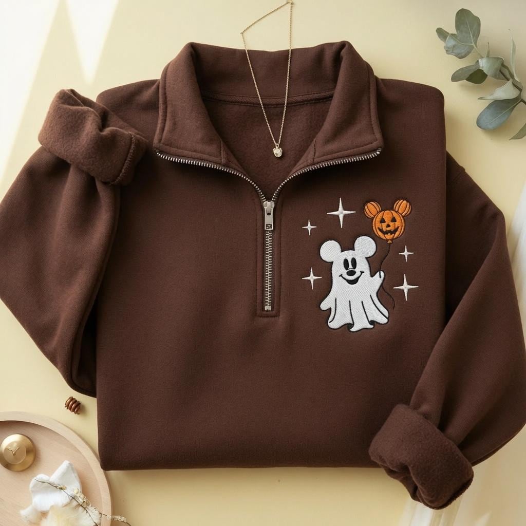 Mickey Ghost Quarter Zip Disney Halloween Sweatshirt, Embroidered Minnie Pumpkin Pullover for Spooky Season Disneyland Boo Crew Gift Outfit