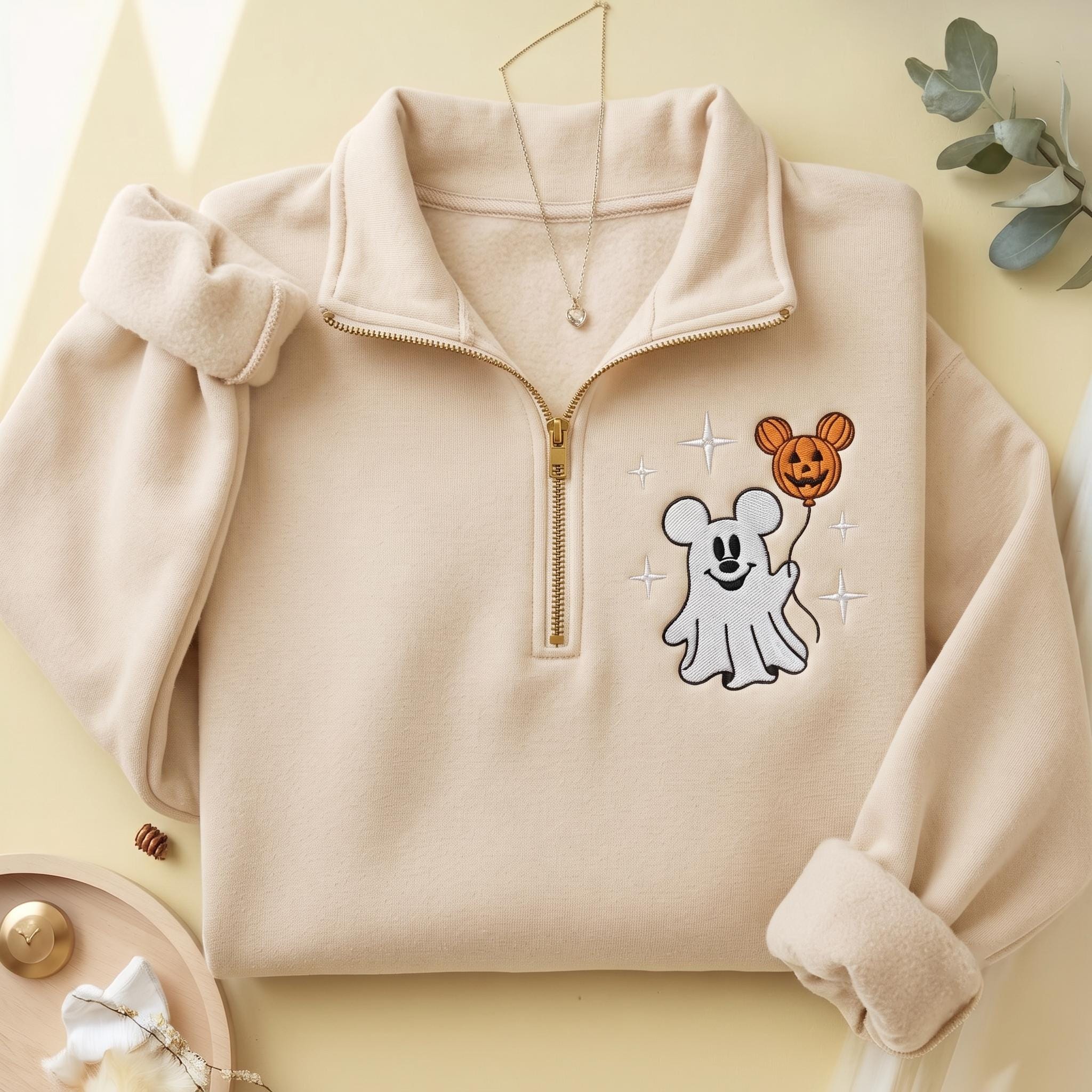 Mickey Ghost Quarter Zip Disney Halloween Sweatshirt, Embroidered Minnie Pumpkin Pullover for Spooky Season Disneyland Boo Crew Gift Outfit