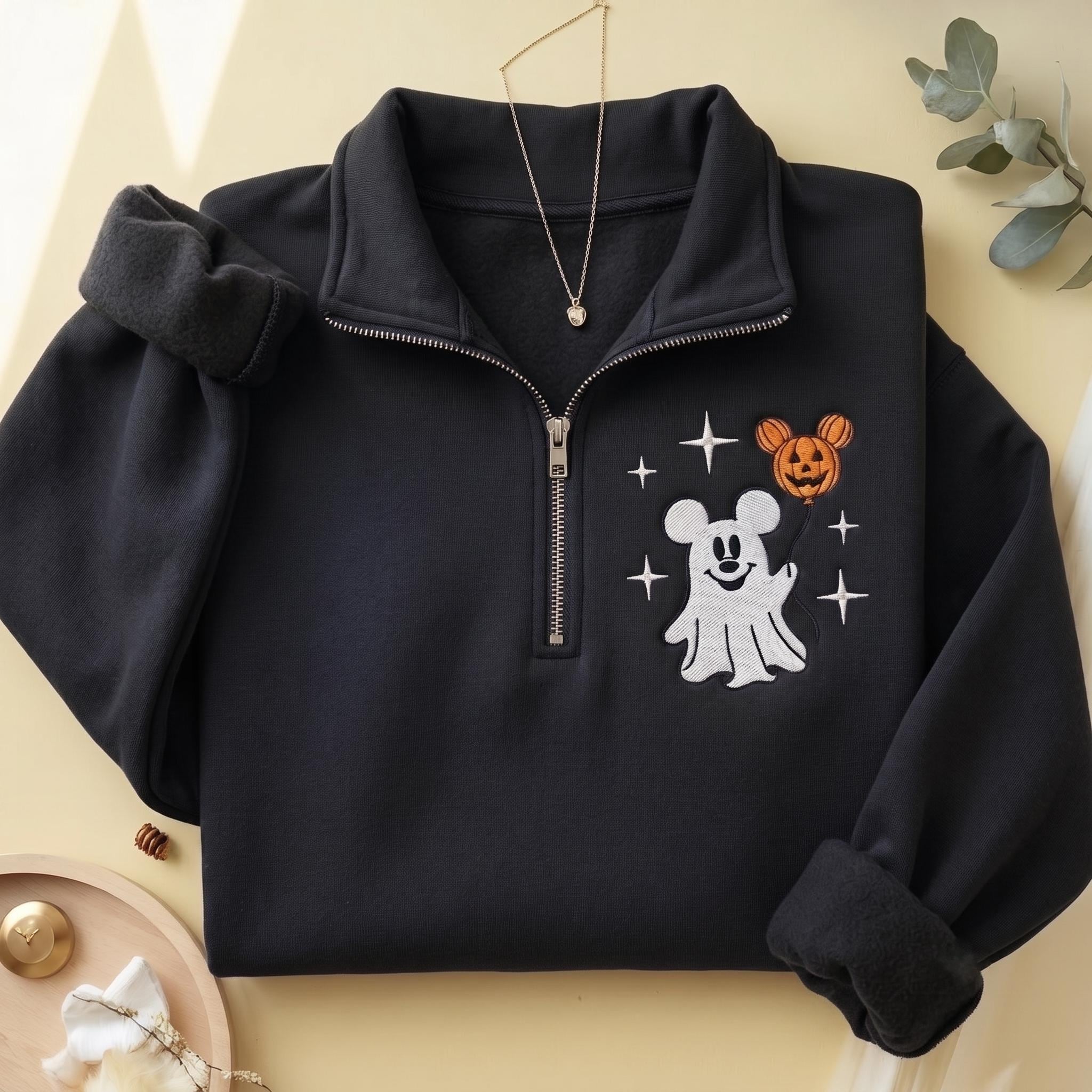 Mickey Ghost Quarter Zip Disney Halloween Sweatshirt, Embroidered Minnie Pumpkin Pullover for Spooky Season Disneyland Boo Crew Gift Outfit - photo 3