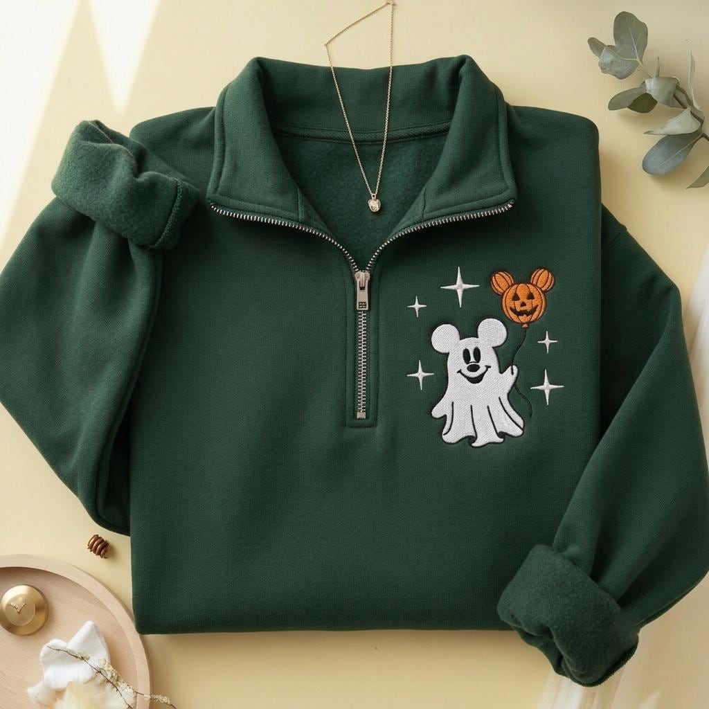 Mickey Ghost Quarter Zip Disney Halloween Sweatshirt, Embroidered Minnie Pumpkin Pullover for Spooky Season Disneyland Boo Crew Gift Outfit - photo 4
