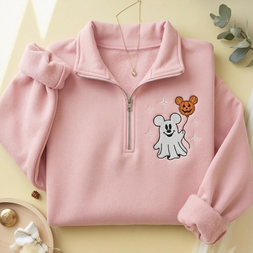 Mickey Ghost Quarter Zip Disney Halloween Sweatshirt, Embroidered Minnie Pumpkin Pullover for Spooky Season Disneyland Boo Crew Gift Outfit - photo 5