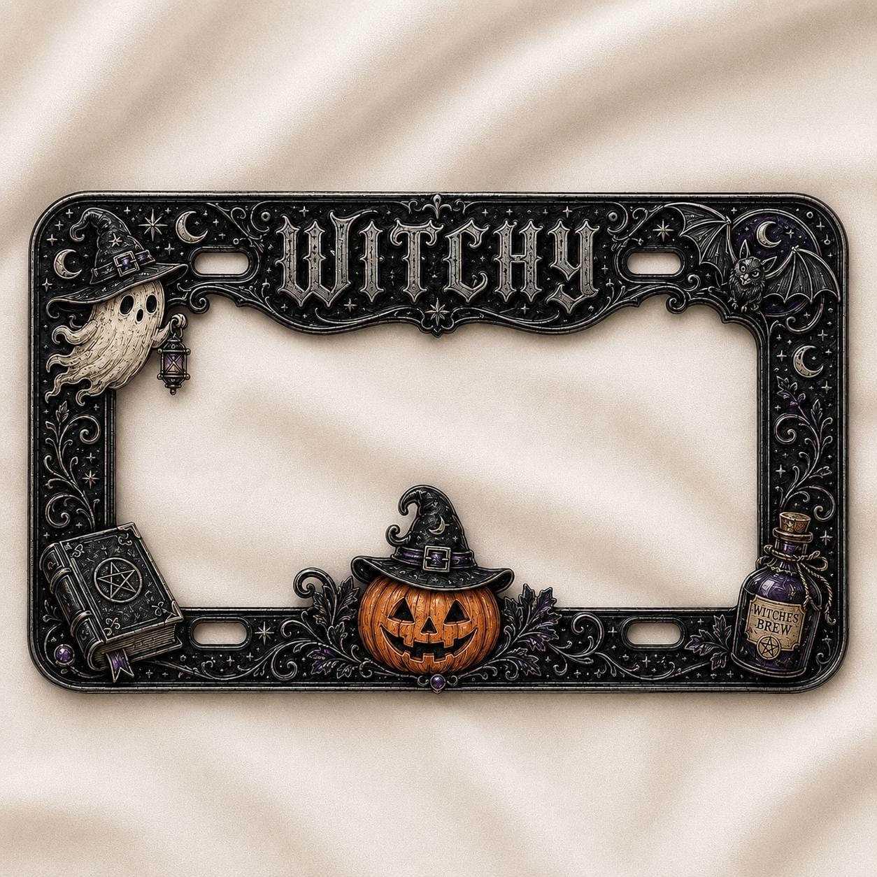 Car Tag Frame For Auto Decor Gift With Purple Ghost Pumpkin License Plate Frame And Spell Book Witches Brew Halloween Witchy