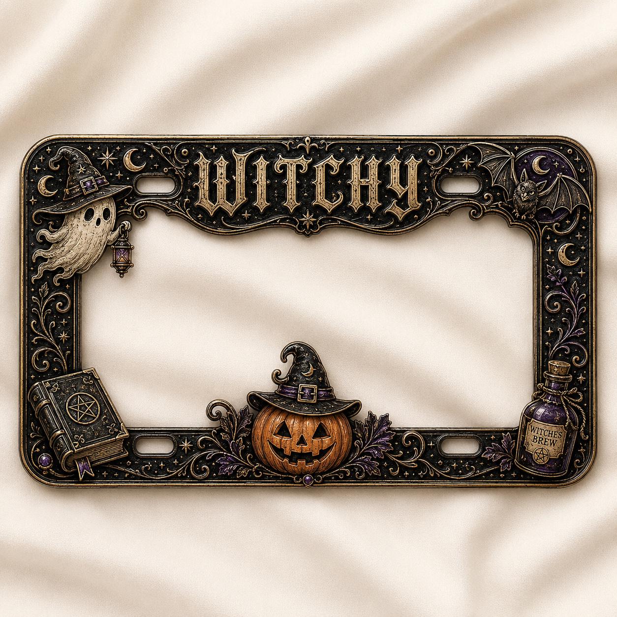Car Tag Frame For Auto Decor Gift With Purple Ghost Pumpkin License Plate Frame And Spell Book Witches Brew Halloween Witchy - photo 2