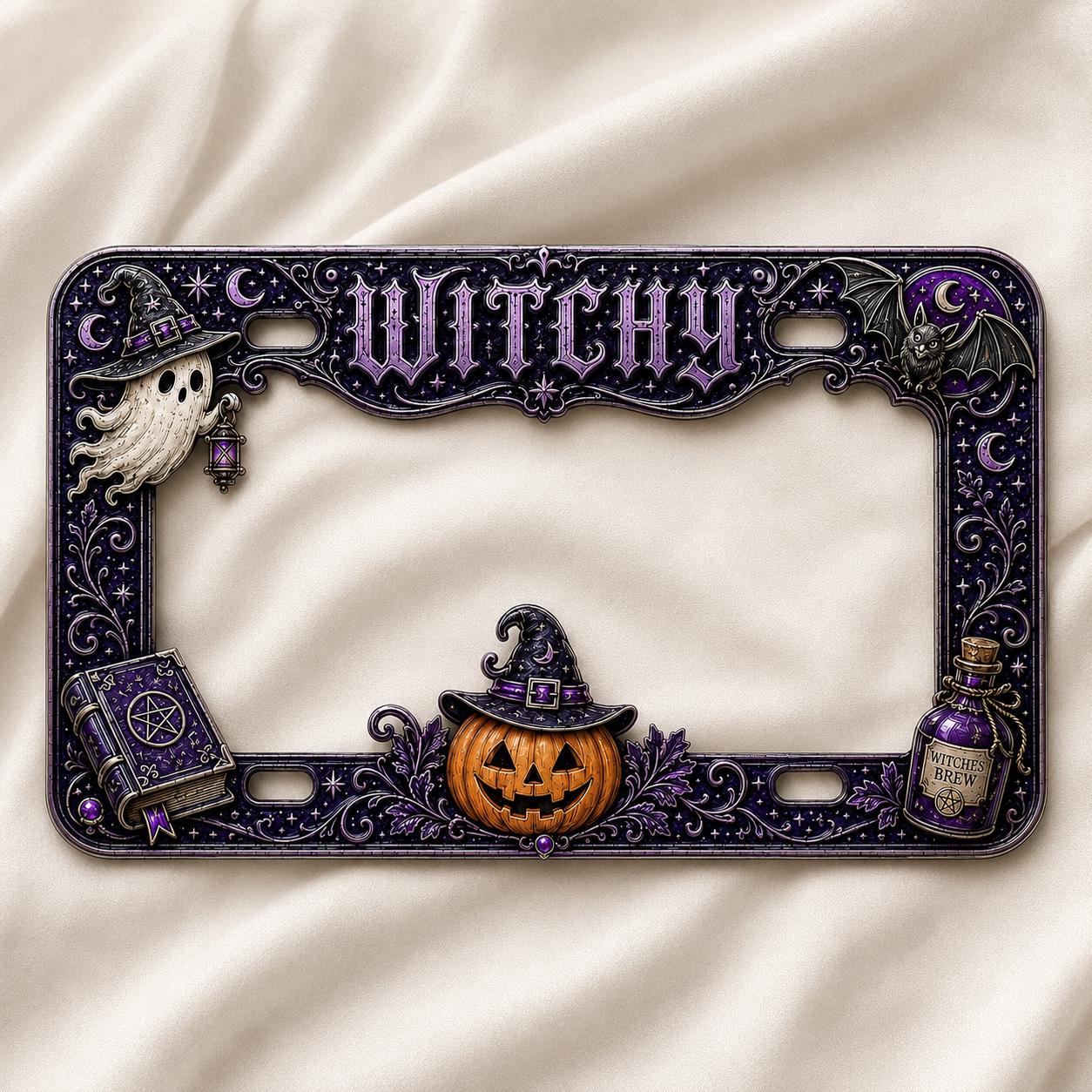 Car Tag Frame For Auto Decor Gift With Purple Ghost Pumpkin License Plate Frame And Spell Book Witches Brew Halloween Witchy - photo 3
