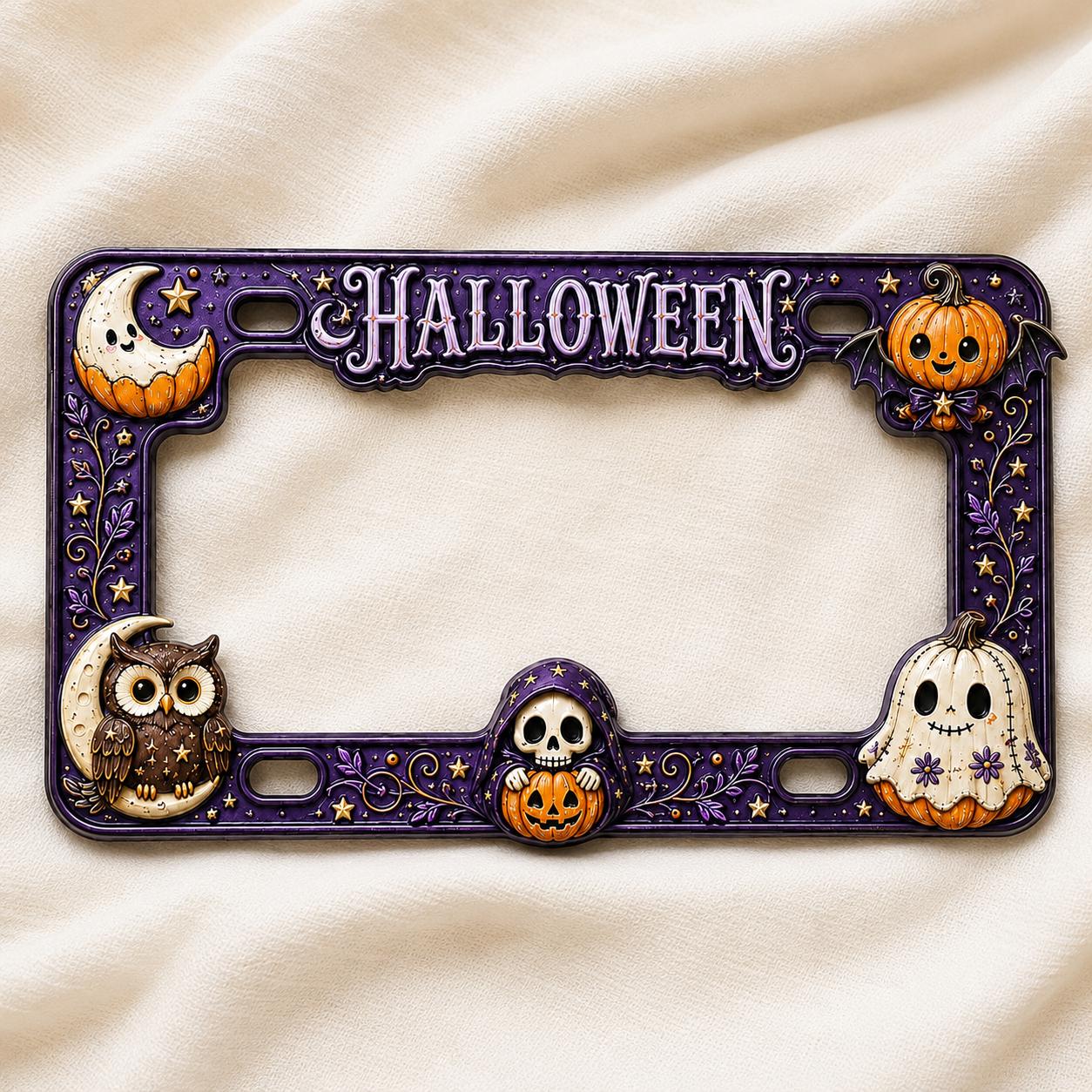 Car Tag Frame For Spooky Auto Decor Gift With Purple Owl Ghost Pumpkin License Plate Frame And Skull Moon Halloween