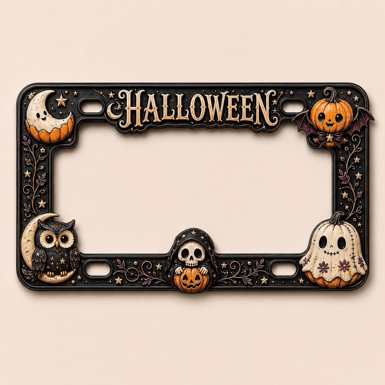 Car Tag Frame For Spooky Auto Decor Gift With Purple Owl Ghost Pumpkin License Plate Frame And Skull Moon Halloween - photo 2