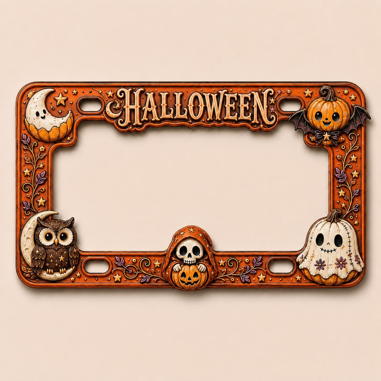Car Tag Frame For Spooky Auto Decor Gift With Purple Owl Ghost Pumpkin License Plate Frame And Skull Moon Halloween - photo 3