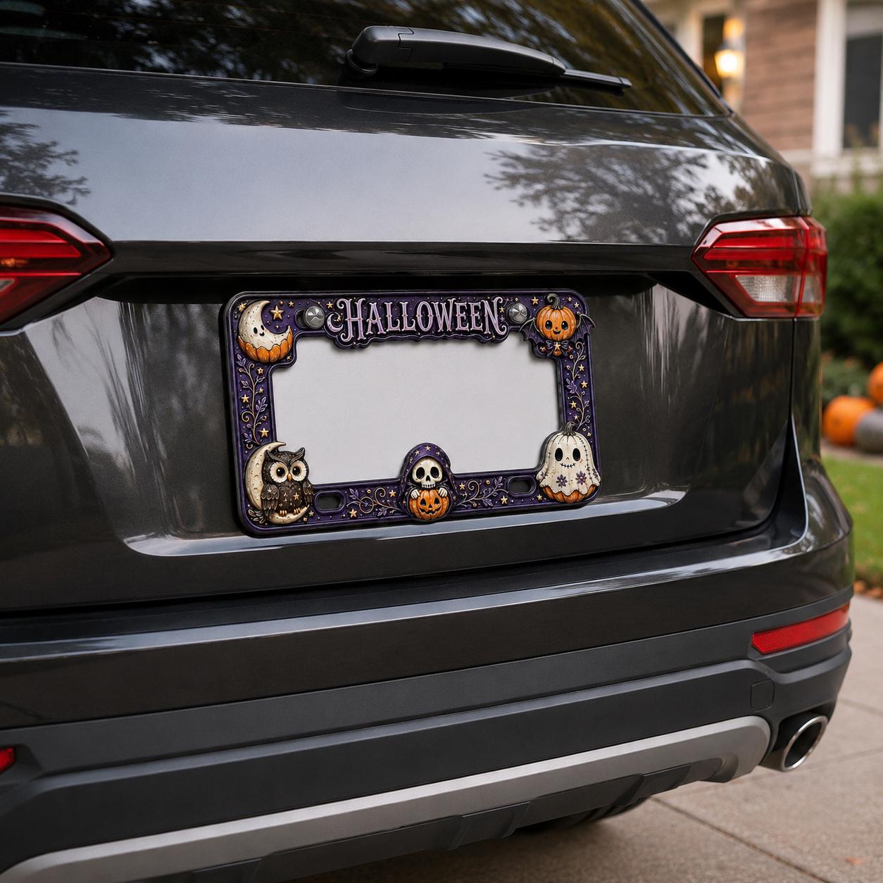 Car Tag Frame For Spooky Auto Decor Gift With Purple Owl Ghost Pumpkin License Plate Frame And Skull Moon Halloween - photo 4
