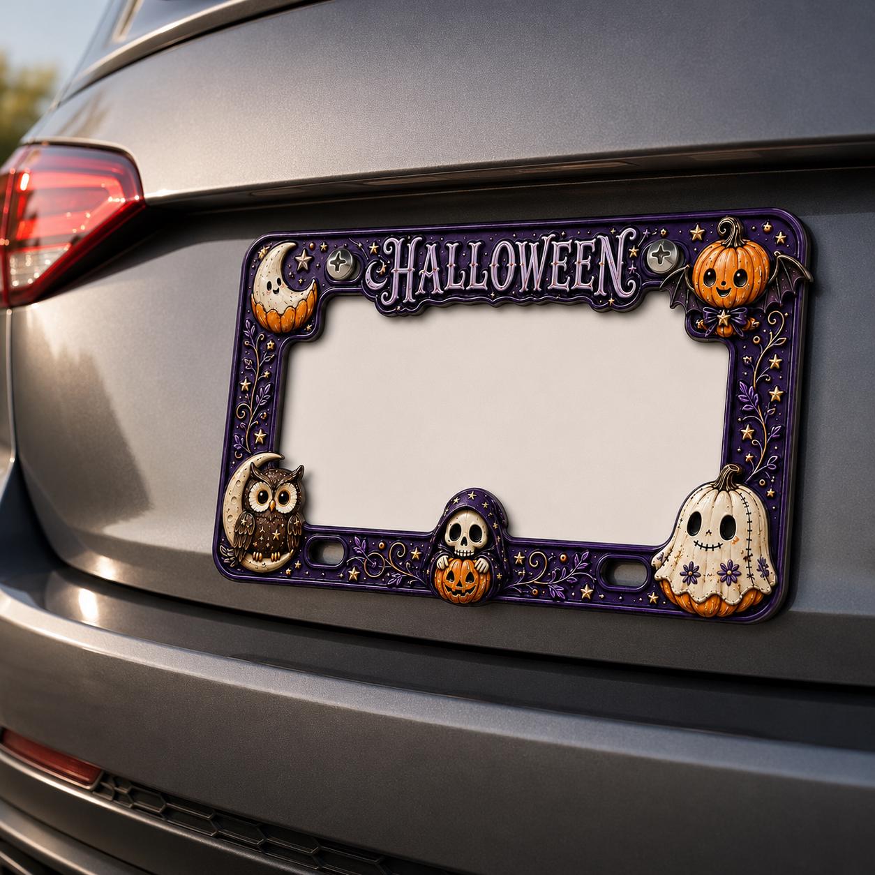 Car Tag Frame For Spooky Auto Decor Gift With Purple Owl Ghost Pumpkin License Plate Frame And Skull Moon Halloween - photo 6