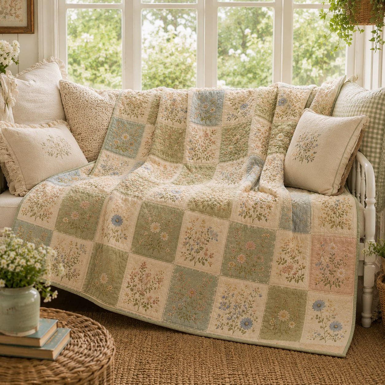 Floral Patchwork Quilted Style Blanket – Vintage Cottagecore Bedspread and Pastel Garden Flower Throw Blanket Cozy Farmhouse Bedding Gift