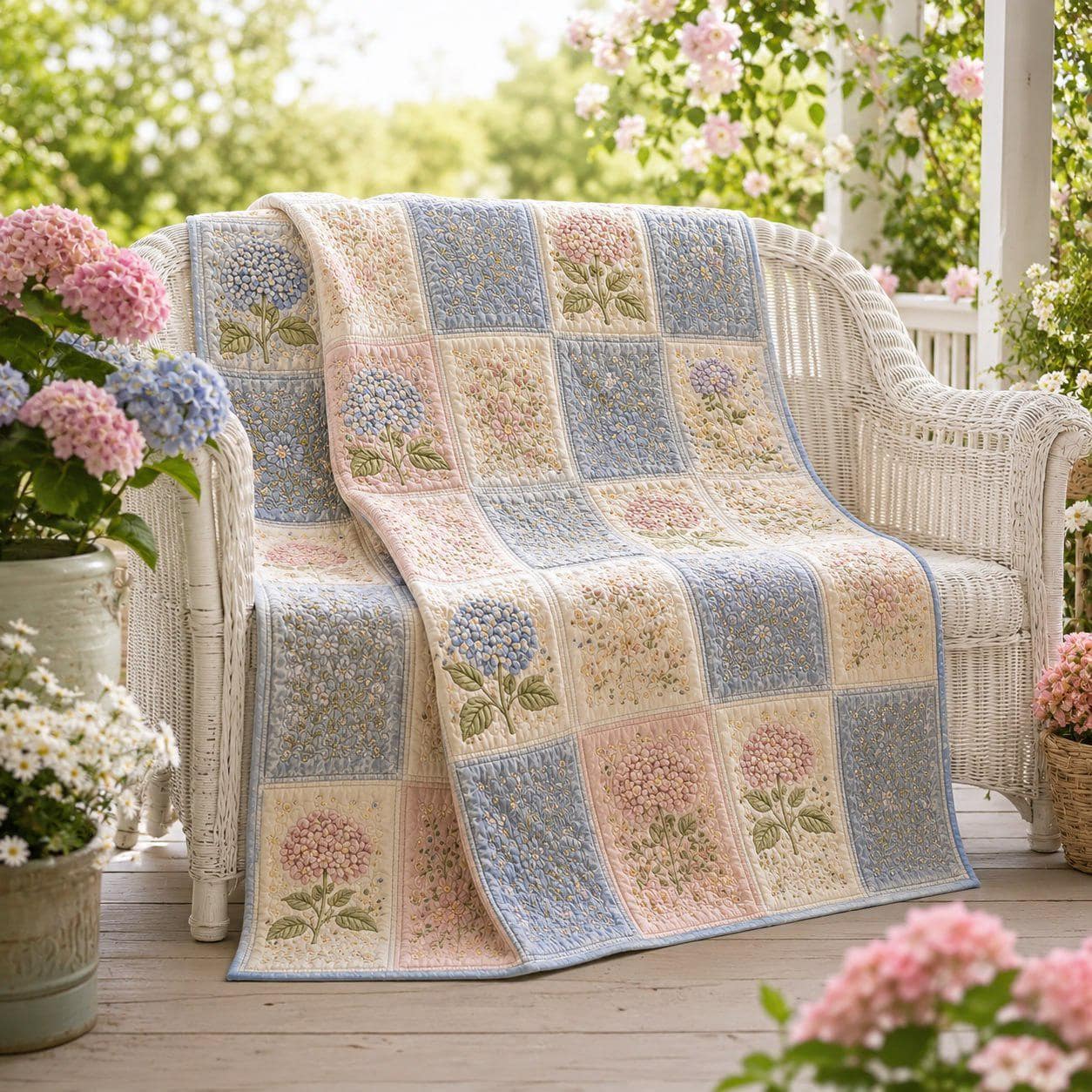 Blue Pink Hydrangea Floral Patchwork Quilt Blanket – Vintage Cottagecore Bedspread and Cozy Hydrangea Garden Throw Farmhouse Bedroom Decor