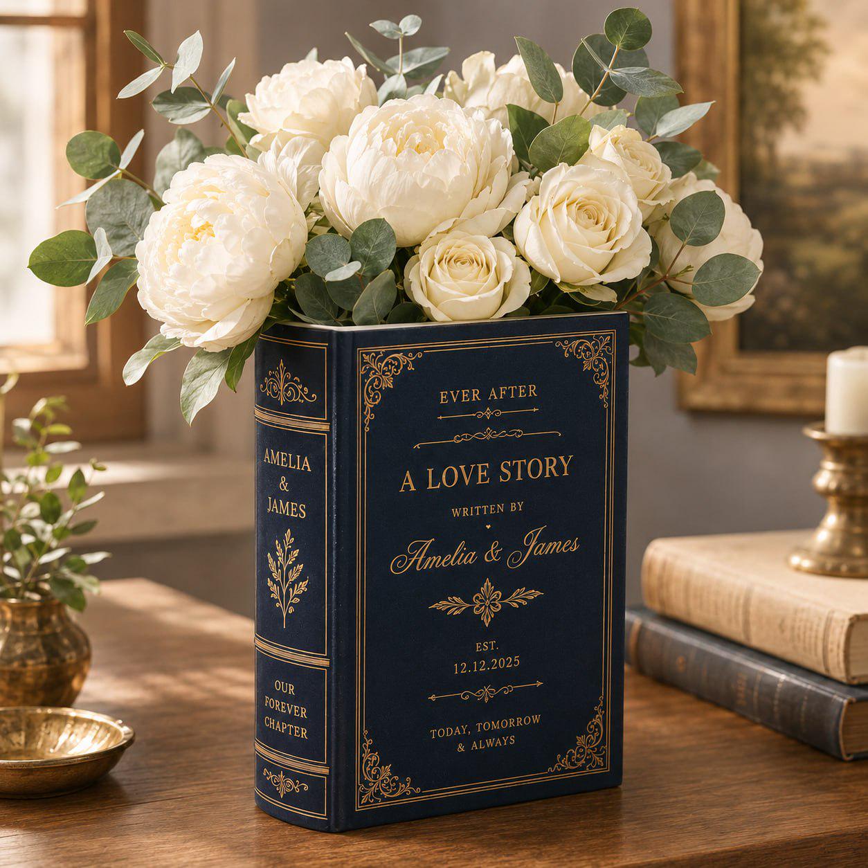 Personalized Love Story Book Vase – Custom Wedding Flower Vase and Couple Name Keepsake Gift Romantic Anniversary Home Decor