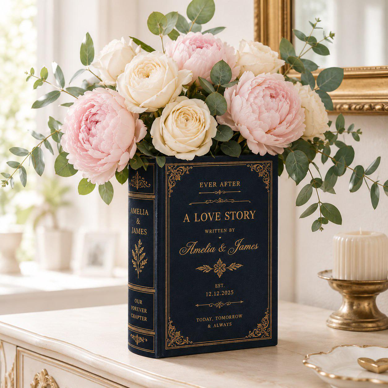 Personalized Love Story Book Vase – Custom Wedding Flower Vase and Couple Name Keepsake Gift Romantic Anniversary Home Decor - photo 2