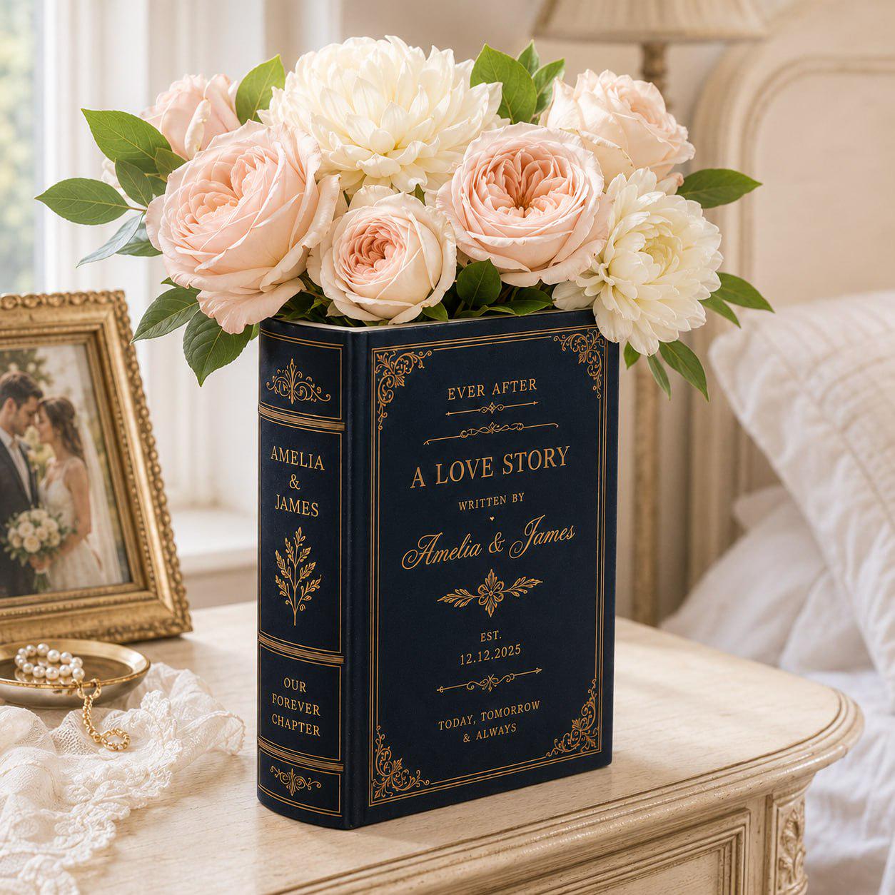 Personalized Love Story Book Vase – Custom Wedding Flower Vase and Couple Name Keepsake Gift Romantic Anniversary Home Decor - photo 4