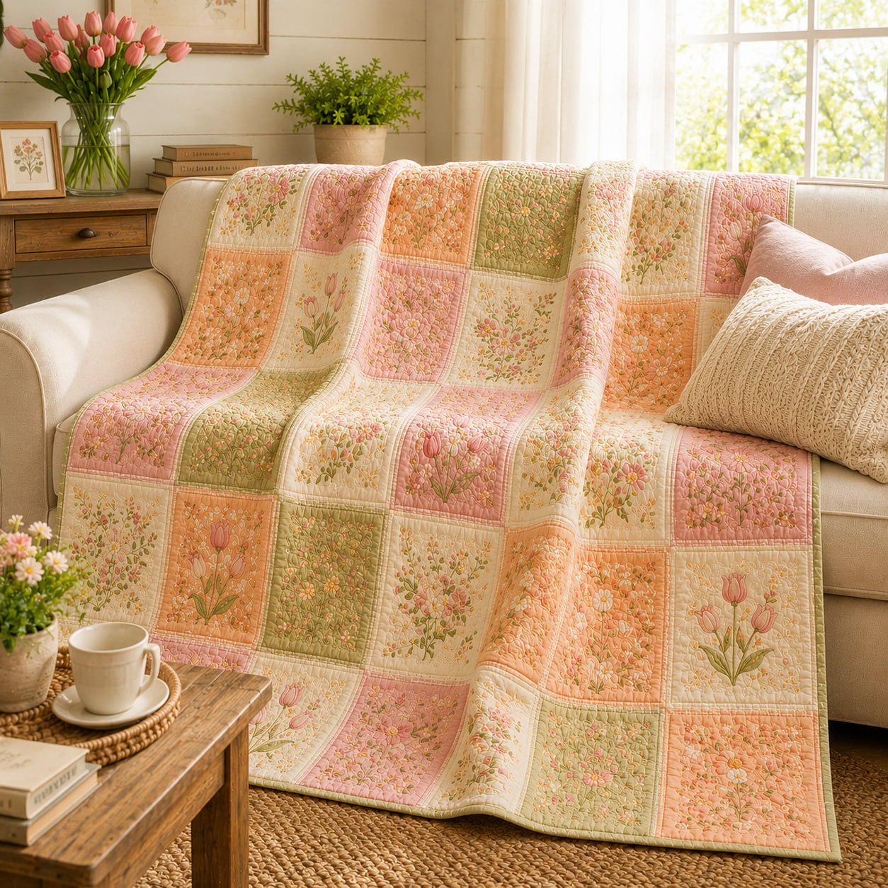 Pink Floral Patchwork Quilt Blanket – Vintage Cottagecore Bedspread and Cozy Spring Garden Throw Farmhouse Floral Bedroom Decor