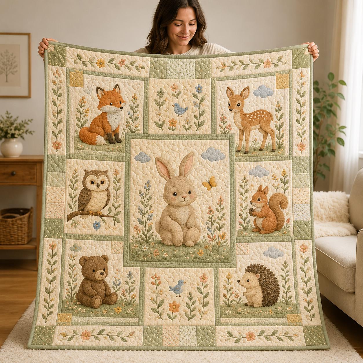 Woodland Animals Nursery Quilt Blanket – Fox Bunny Deer Bear Owl Hedgehog Forest Baby Room Decor and Baby Shower Gift