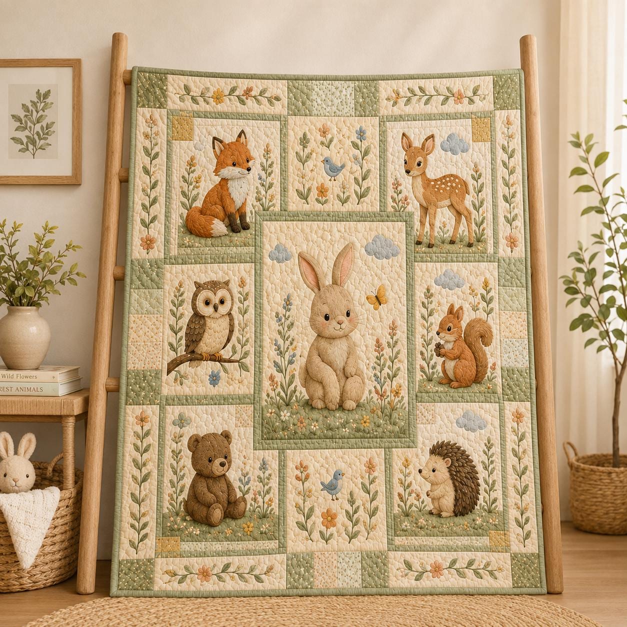 Woodland Animals Nursery Quilt Blanket – Fox Bunny Deer Bear Owl Hedgehog Forest Baby Room Decor and Baby Shower Gift - photo 2
