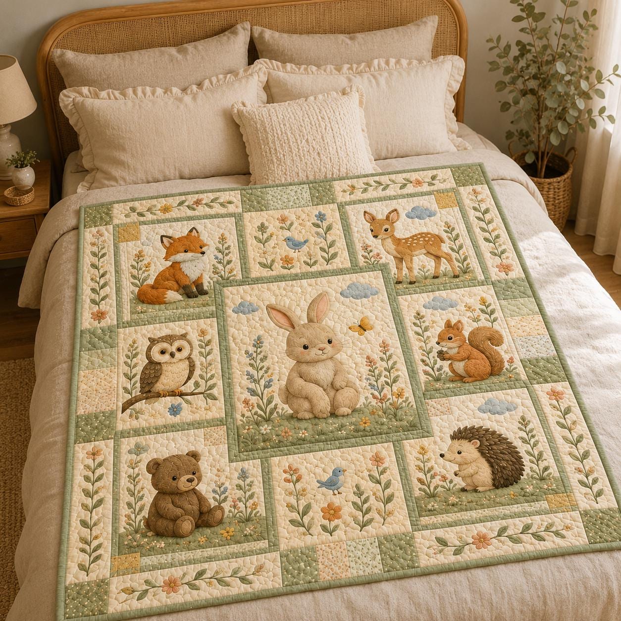 Woodland Animals Nursery Quilt Blanket – Fox Bunny Deer Bear Owl Hedgehog Forest Baby Room Decor and Baby Shower Gift - photo 3