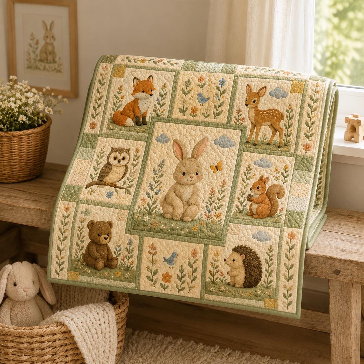 Woodland Animals Nursery Quilt Blanket – Fox Bunny Deer Bear Owl Hedgehog Forest Baby Room Decor and Baby Shower Gift - photo 5