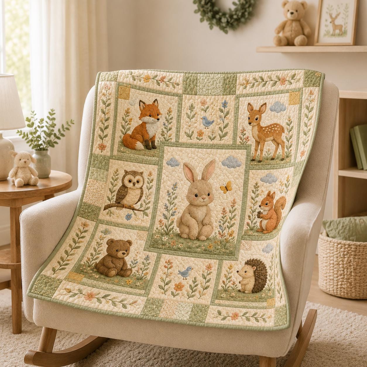 Woodland Animals Nursery Quilt Blanket – Fox Bunny Deer Bear Owl Hedgehog Forest Baby Room Decor and Baby Shower Gift - photo 6
