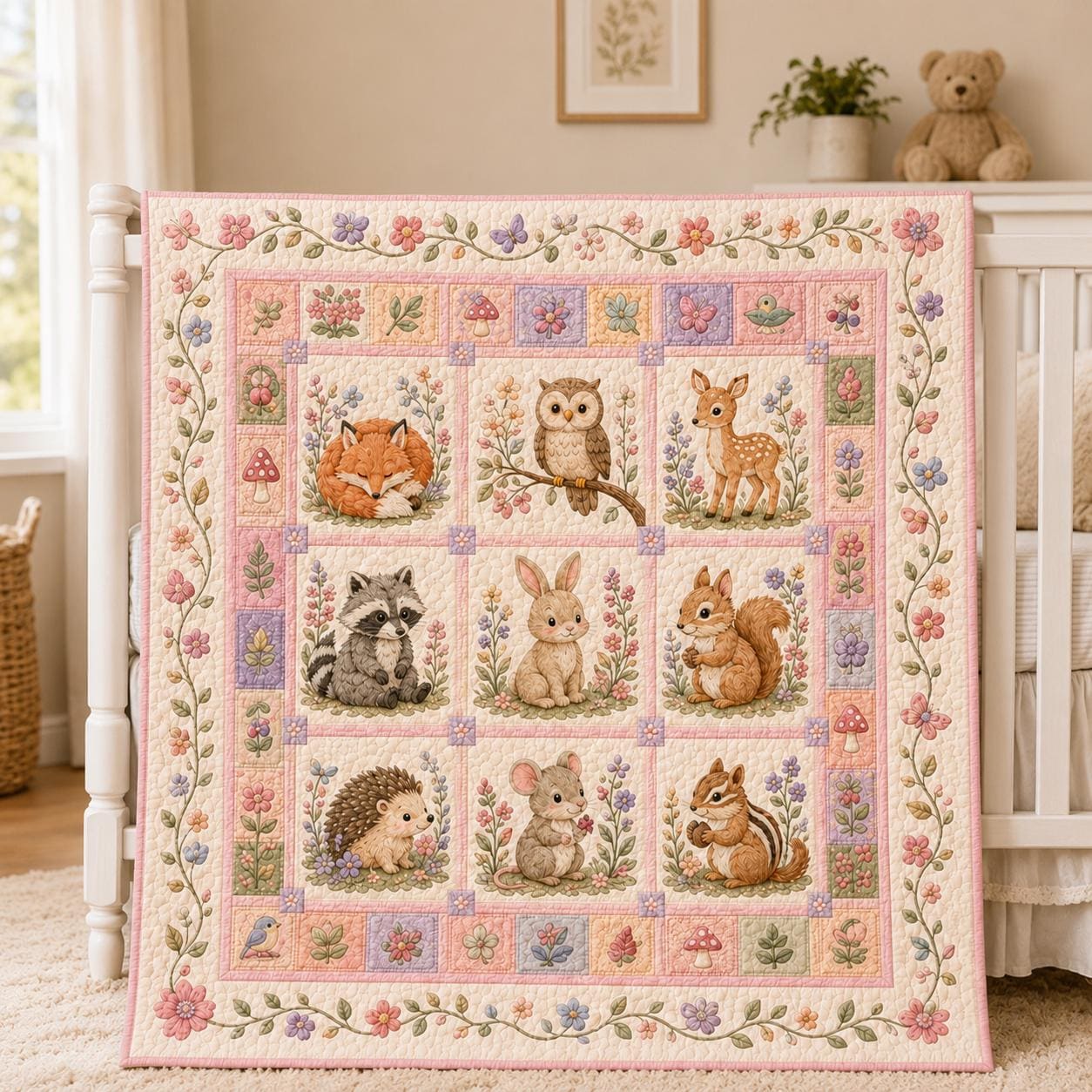 Woodland Animals Quilt Blanket – Pastel Floral Nursery Throw and Fox Bunny Deer Bear Raccoon Kids Room Decor Gift