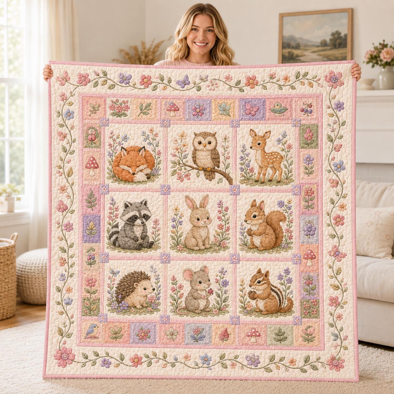 Woodland Animals Quilt Blanket – Pastel Floral Nursery Throw and Fox Bunny Deer Bear Raccoon Kids Room Decor Gift - photo 2