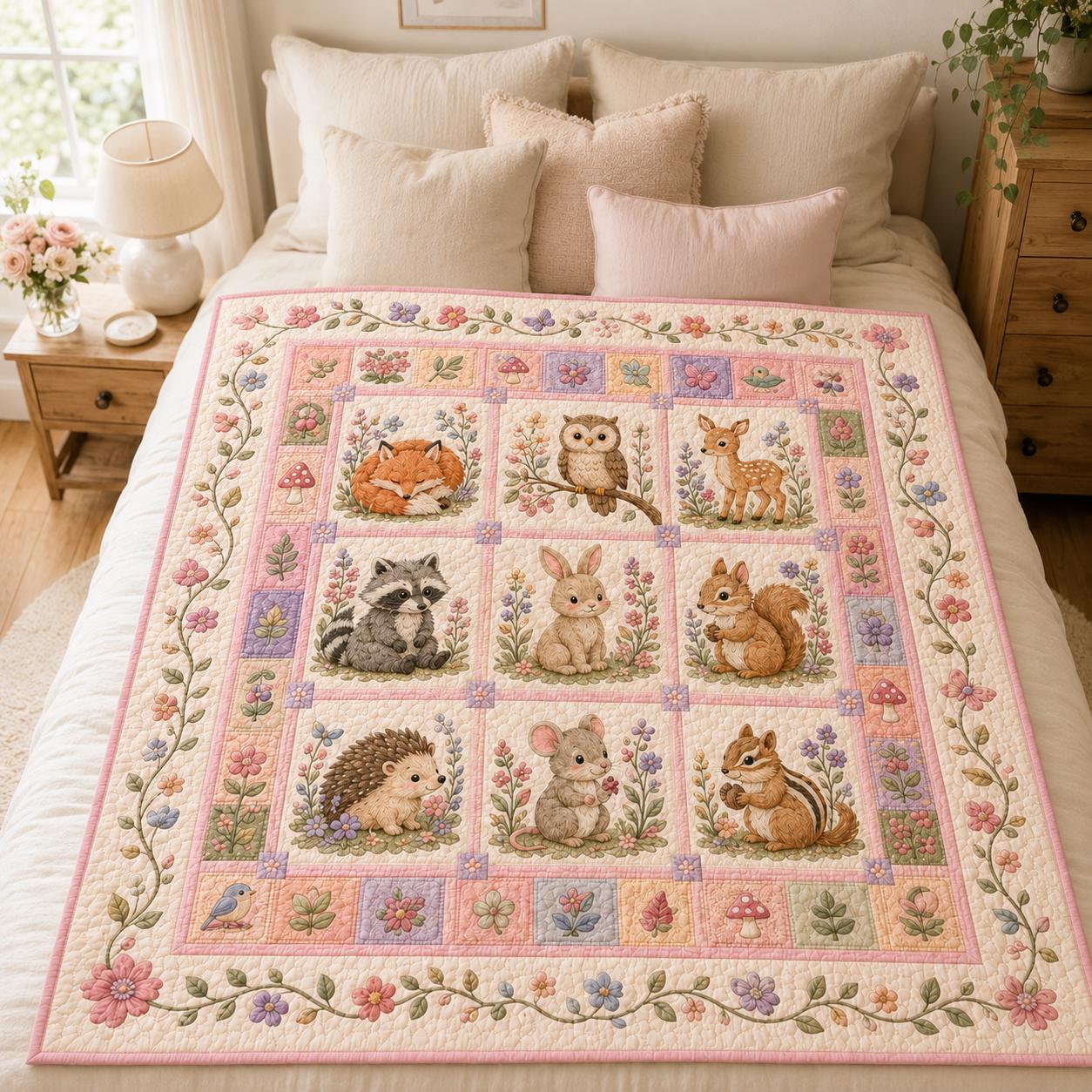 Woodland Animals Quilt Blanket – Pastel Floral Nursery Throw and Fox Bunny Deer Bear Raccoon Kids Room Decor Gift - photo 3