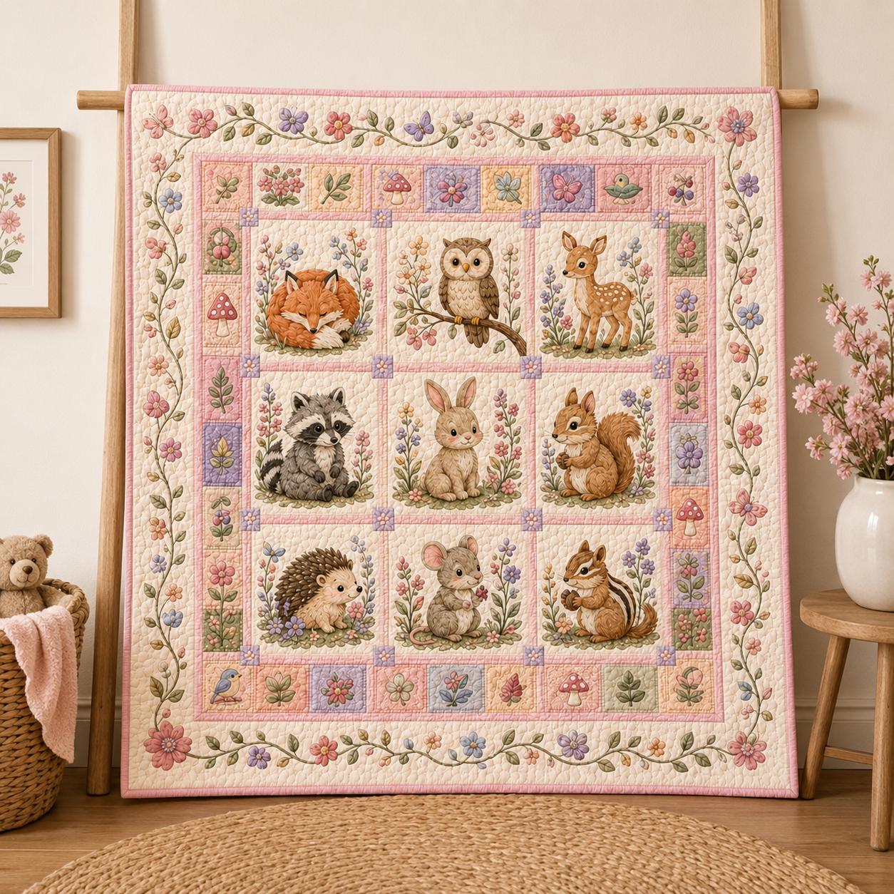 Woodland Animals Quilt Blanket – Pastel Floral Nursery Throw and Fox Bunny Deer Bear Raccoon Kids Room Decor Gift - photo 5