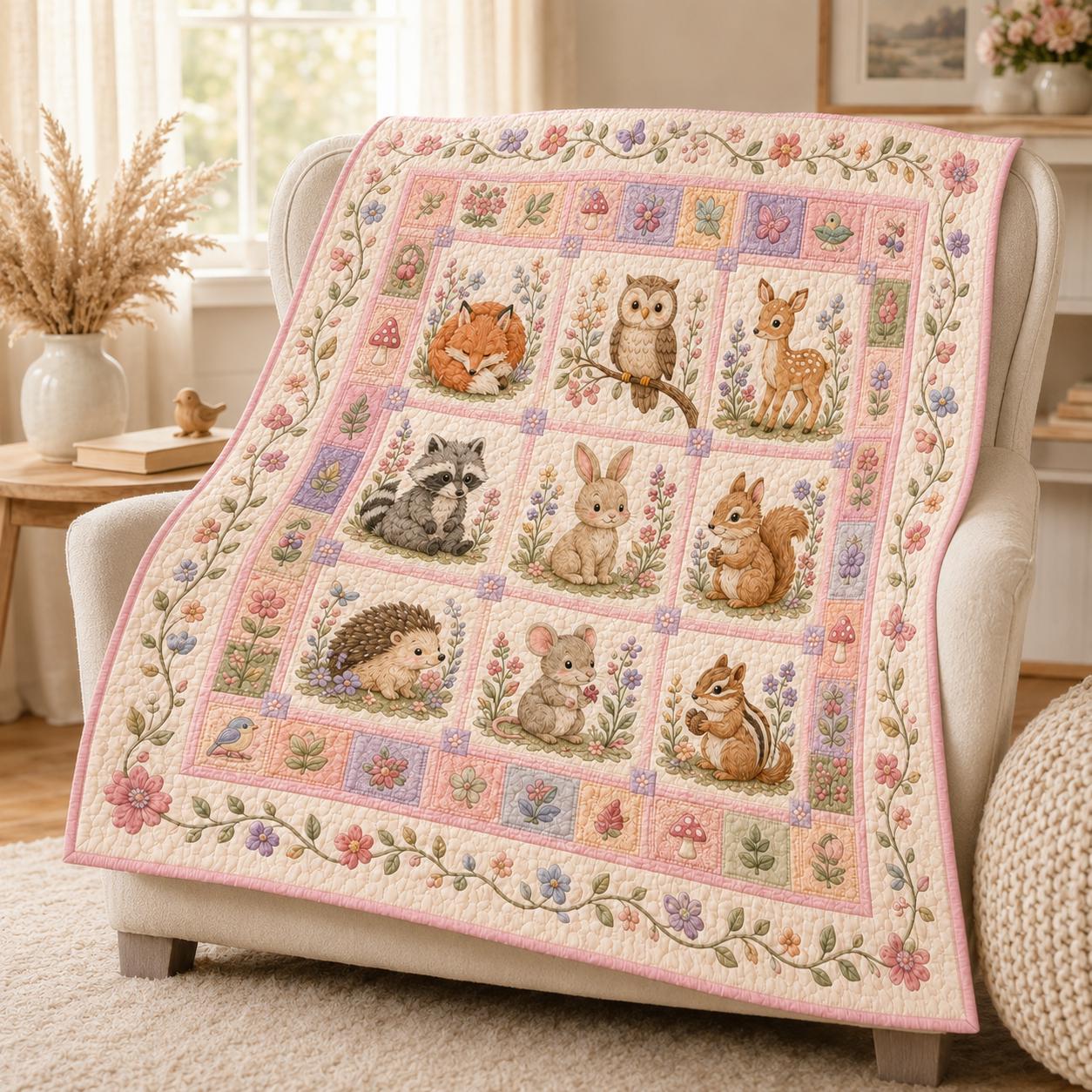 Woodland Animals Quilt Blanket – Pastel Floral Nursery Throw and Fox Bunny Deer Bear Raccoon Kids Room Decor Gift - photo 6