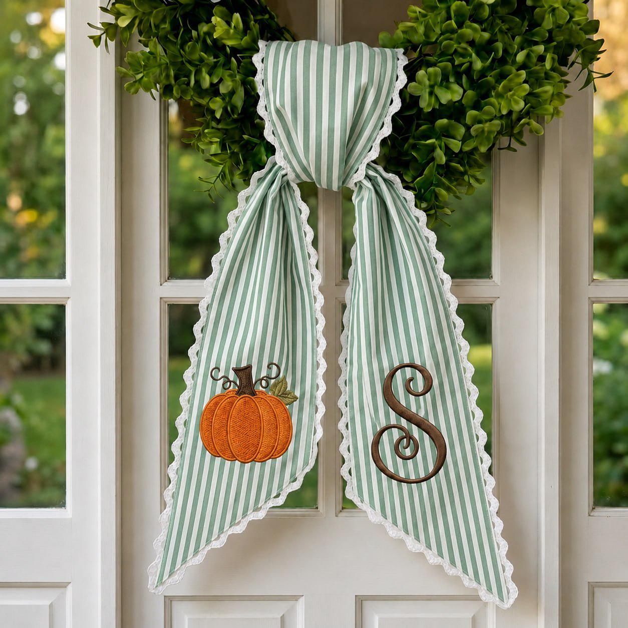 Wreath Sash For Thanksgiving Decor With Embroidered Pumpkin Monogram Bow And Orange Stripe Door Hanger Ribbon Personalized Fall